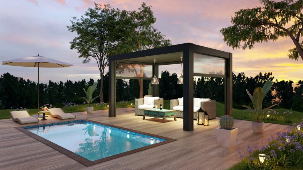 A pool with an outdoor living area and a gazebo.