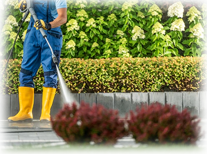 A man in blue overalls and yellow boots spraying water from hose.