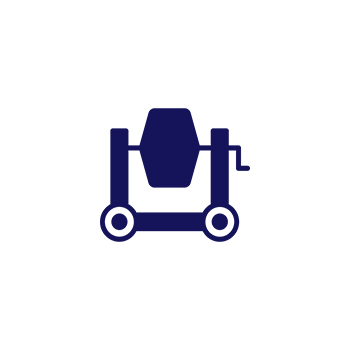 A blue icon of a cement mixer on a black background